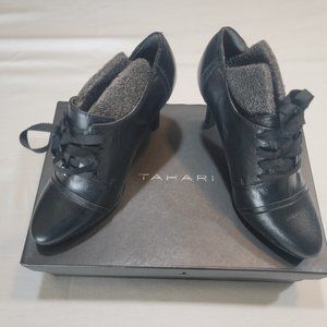 Black Leather TAHARI Grace Ribbon Laced Bootie Heels Sz 6M